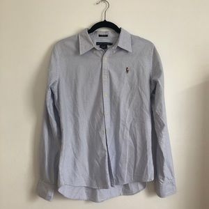 Blue and white striped Ralph Lauren slim fit bottom down long sleeve